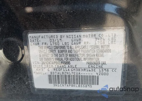 2019 Nissan Versa 1.6 Sv from USA, damaged, VIN 3N1CN7AP8KL855895